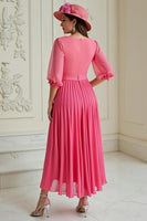Load image into Gallery viewer, Hot Pink A Line Chiffon Pleated Long Wedding Guest Dress with Sleeves
