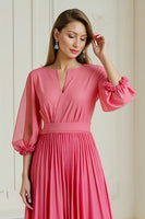 Load image into Gallery viewer, Hot Pink A Line Chiffon Pleated Long Wedding Guest Dress with Sleeves