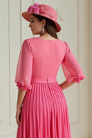 Load image into Gallery viewer, Hot Pink A Line Chiffon Pleated Long Wedding Guest Dress with Sleeves