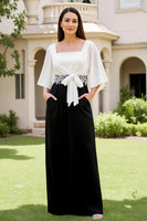 Load image into Gallery viewer, Black and White Chiffon Square Neck Long Wedding Guest Dress with Bow