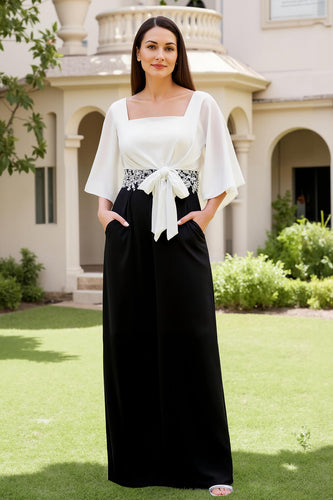 Black and White Chiffon Square Neck Long Wedding Guest Dress with Bow