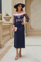 Load image into Gallery viewer, Navy Chiffon Sheath Appliqued Long Wedding Guest Dress with Sleeves