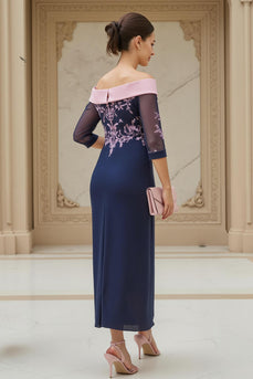 Navy Chiffon Sheath Appliqued Long Wedding Guest Dress with Sleeves