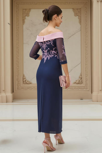 Navy Chiffon Sheath Appliqued Long Wedding Guest Dress with Sleeves