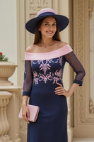 Load image into Gallery viewer, Navy Chiffon Sheath Appliqued Long Wedding Guest Dress with Sleeves