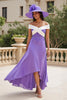 Load image into Gallery viewer, Purple Chiffon A Line Off The Shoulder Appliqued Asymmetrical Wedding Guest Dress