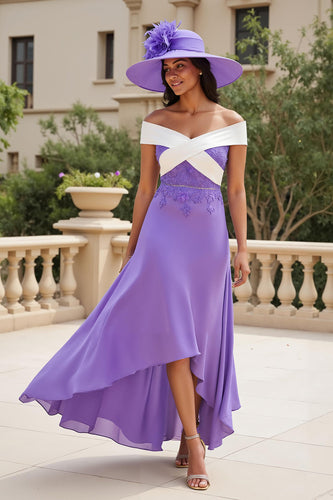 Purple Chiffon A Line Off The Shoulder Appliqued Asymmetrical Wedding Guest Dress