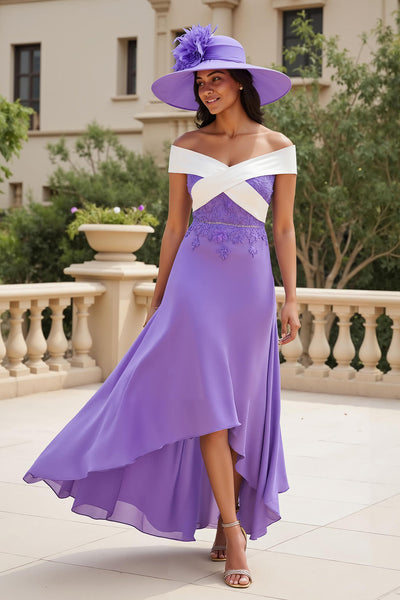 Purple Chiffon A Line Off The Shoulder Appliqued Asymmetrical Wedding Guest Dress