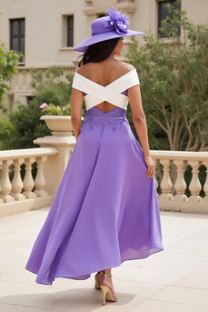 Purple Chiffon A Line Off The Shoulder Appliqued Asymmetrical Wedding Guest Dress