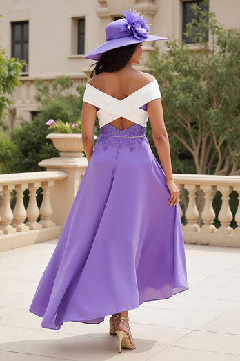 Purple Chiffon A Line Off The Shoulder Appliqued Asymmetrical Wedding Guest Dress