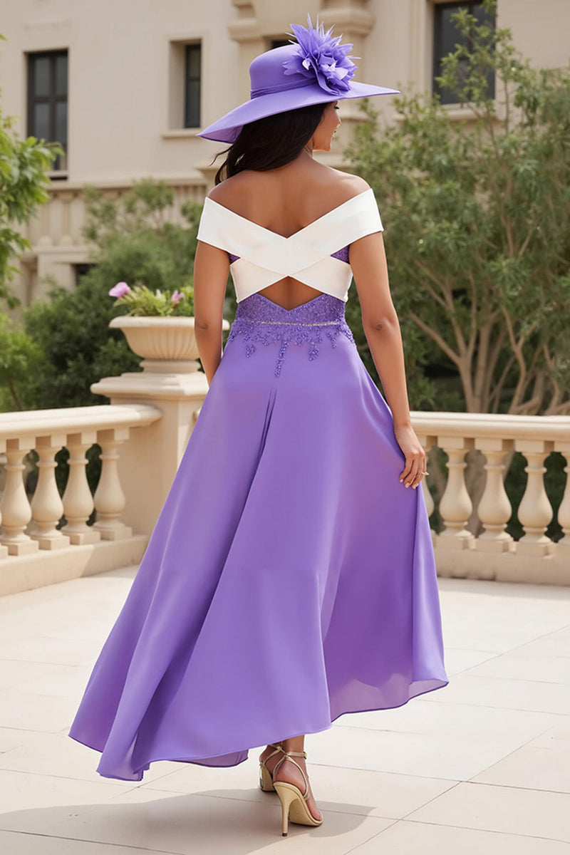 Load image into Gallery viewer, Purple Chiffon A Line Off The Shoulder Appliqued Asymmetrical Wedding Guest Dress