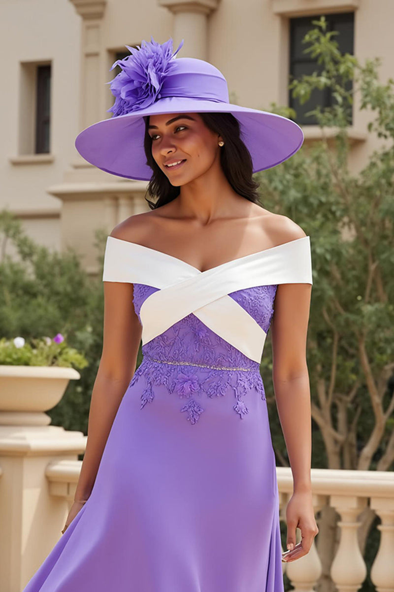 Load image into Gallery viewer, Purple Chiffon A Line Off The Shoulder Appliqued Asymmetrical Wedding Guest Dress