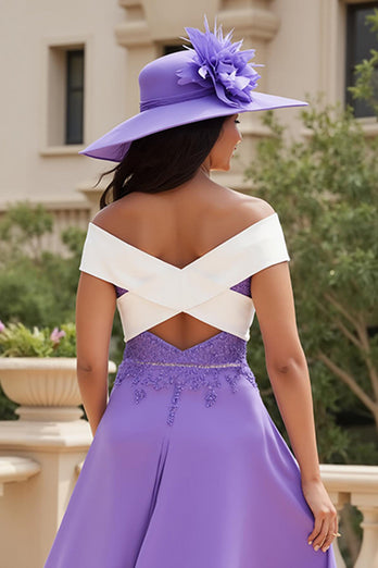 Purple Chiffon A Line Off The Shoulder Appliqued Asymmetrical Wedding Guest Dress