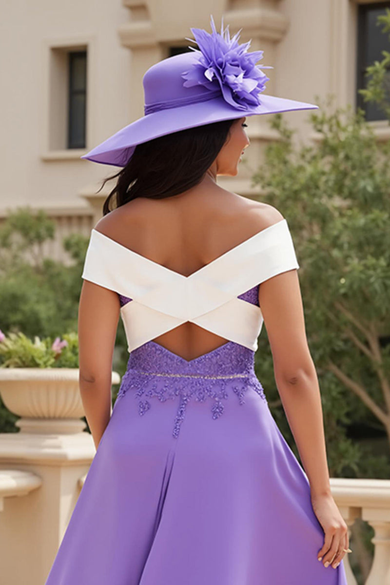 Load image into Gallery viewer, Purple Chiffon A Line Off The Shoulder Appliqued Asymmetrical Wedding Guest Dress