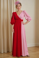 Load image into Gallery viewer, Red Chiffon A Line Patchwork Long Wedding Guest Dress with Sleeves