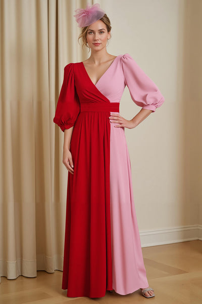 Red Chiffon A Line Patchwork Long Wedding Guest Dress with Sleeves