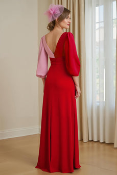 Red Chiffon A Line Patchwork Long Wedding Guest Dress with Sleeves