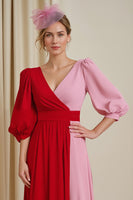 Load image into Gallery viewer, Red Chiffon A Line Patchwork Long Wedding Guest Dress with Sleeves