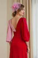 Load image into Gallery viewer, Red Chiffon A Line Patchwork Long Wedding Guest Dress with Sleeves