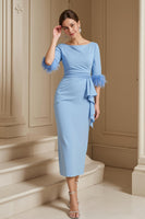 Load image into Gallery viewer, Light Blue Satin Sheath Boat Neck Midi Wedding Guest Dress with Sash