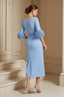 Load image into Gallery viewer, Light Blue Satin Sheath Boat Neck Midi Wedding Guest Dress with Sash
