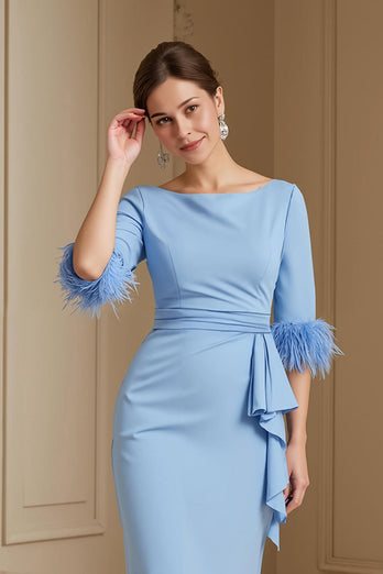 Light Blue Satin Sheath Boat Neck Midi Wedding Guest Dress with Sash