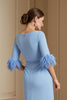 Load image into Gallery viewer, Light Blue Satin Sheath Boat Neck Midi Wedding Guest Dress with Sash