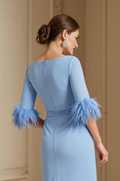 Load image into Gallery viewer, Light Blue Satin Sheath Boat Neck Midi Wedding Guest Dress with Sash