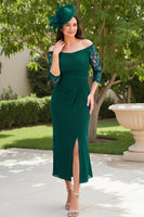 Load image into Gallery viewer, Dark Green Sheath Satin Off The Shoulder Long Wedding Guest Dress with Slit