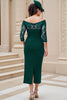 Load image into Gallery viewer, Dark Green Sheath Satin Off The Shoulder Long Wedding Guest Dress with Slit