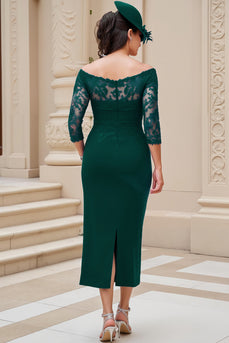 Dark Green Sheath Satin Off The Shoulder Long Wedding Guest Dress with Slit