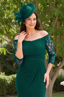 Load image into Gallery viewer, Dark Green Sheath Satin Off The Shoulder Long Wedding Guest Dress with Slit