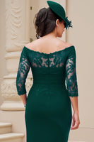 Load image into Gallery viewer, Dark Green Sheath Satin Off The Shoulder Long Wedding Guest Dress with Slit