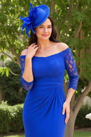 Load image into Gallery viewer, Dark Green Sheath Satin Off The Shoulder Long Wedding Guest Dress with Slit