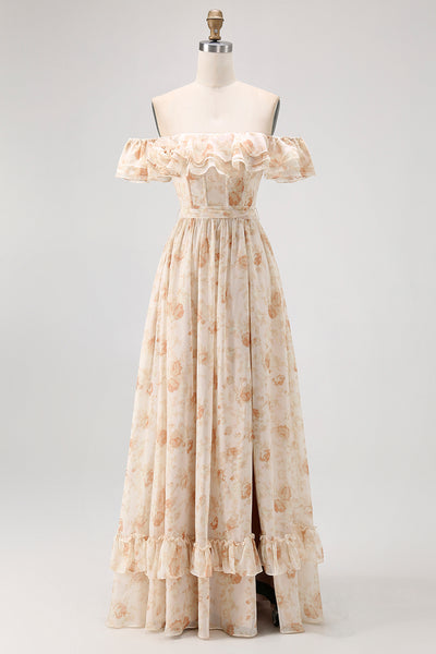 Floral Champagne A Line Off The Shoulder Ruffled Long Bridesmaid Dress with Bow