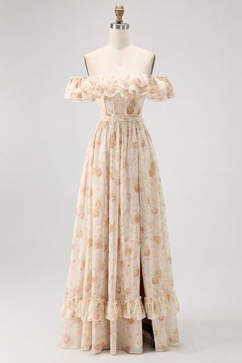Floral Champagne A Line Off The Shoulder Ruffled Long Bridesmaid Dress with Bow