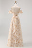 Load image into Gallery viewer, Floral Champagne A Line Off The Shoulder Ruffled Long Bridesmaid Dress with Bow