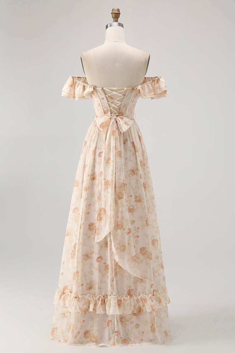 Load image into Gallery viewer, Floral Champagne A Line Off The Shoulder Ruffled Long Bridesmaid Dress with Bow