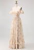 Load image into Gallery viewer, Floral Champagne A Line Off The Shoulder Ruffled Long Bridesmaid Dress with Bow