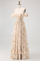 Load image into Gallery viewer, Floral Champagne A Line Off The Shoulder Ruffled Long Bridesmaid Dress with Bow