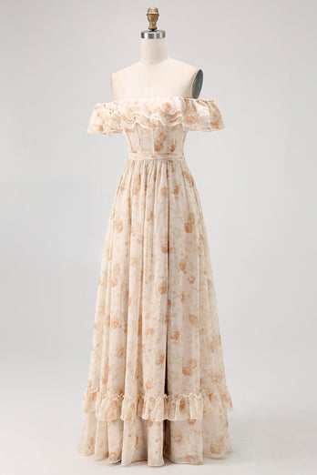 Floral Champagne A Line Off The Shoulder Ruffled Long Bridesmaid Dress with Bow