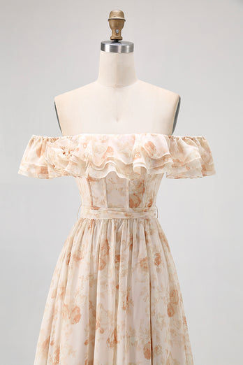 Floral Champagne A Line Off The Shoulder Ruffled Long Bridesmaid Dress with Bow