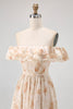 Load image into Gallery viewer, Floral Champagne A Line Off The Shoulder Ruffled Long Bridesmaid Dress with Bow
