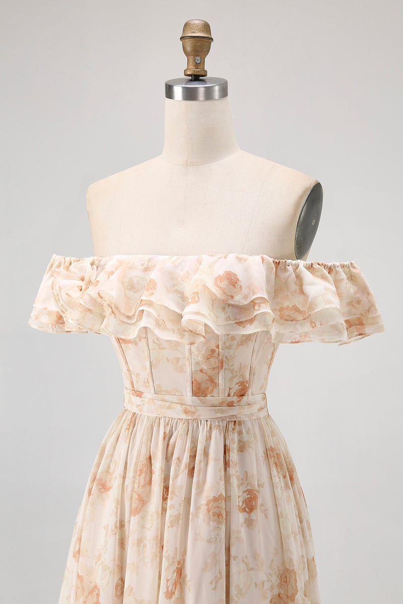 Load image into Gallery viewer, Floral Champagne A Line Off The Shoulder Ruffled Long Bridesmaid Dress with Bow