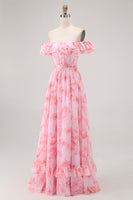 Load image into Gallery viewer, Floral Champagne A Line Off The Shoulder Ruffled Long Bridesmaid Dress with Bow