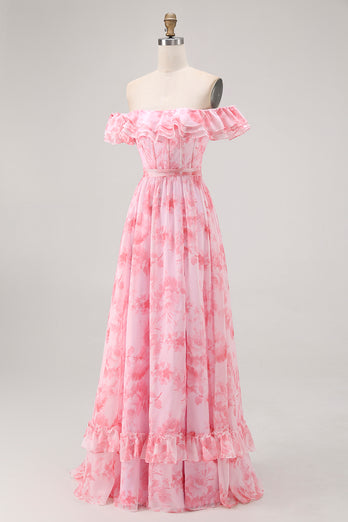 Floral Champagne A Line Off The Shoulder Ruffled Long Bridesmaid Dress with Bow