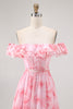 Load image into Gallery viewer, Floral Champagne A Line Off The Shoulder Ruffled Long Bridesmaid Dress with Bow
