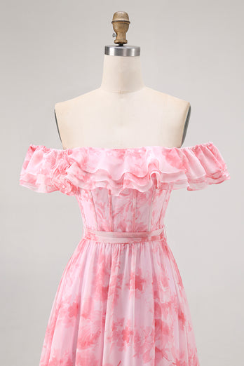 Floral Champagne A Line Off The Shoulder Ruffled Long Bridesmaid Dress with Bow