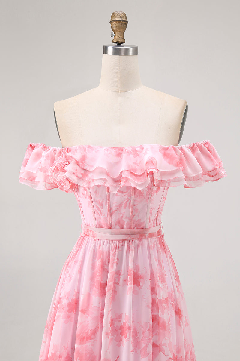 Load image into Gallery viewer, Floral Champagne A Line Off The Shoulder Ruffled Long Bridesmaid Dress with Bow