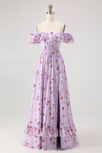 Floral Champagne A Line Off The Shoulder Ruffled Long Bridesmaid Dress with Bow